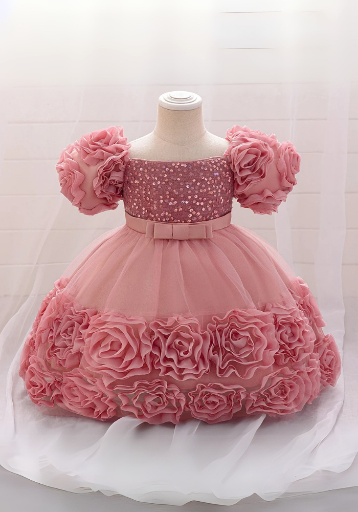 Robe Princesse Fleurs Rose Poudré Bébé