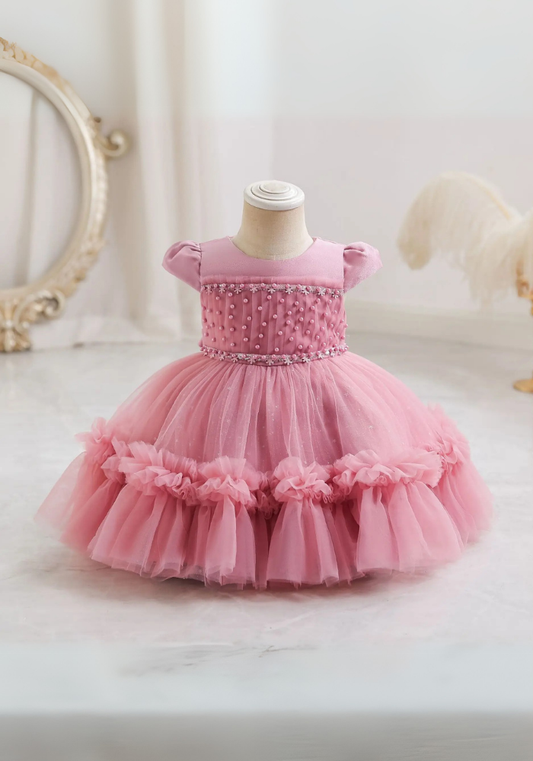 Robe Princesse Rose Poudré Perles Bébé